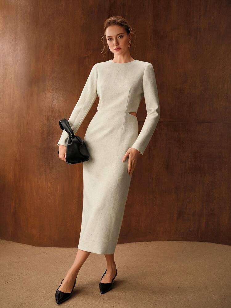 WOMEN'S WOOL BLEND MINIMALIST STRUCTURED MID-LENGTH FITTED DRESS