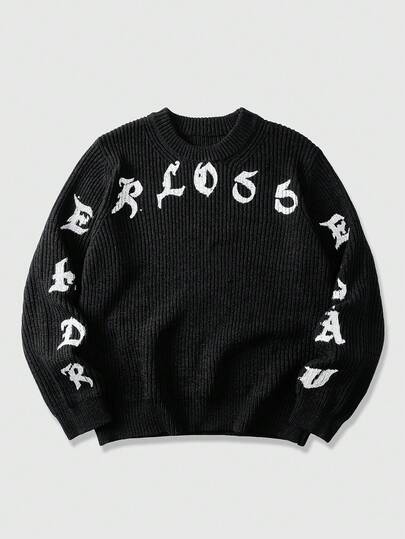 Street Life كنزة صوفية كاجوال للرجال مطبوع عليها حرف، خريف/شتاء