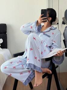Dream Adore Plus Size Women Striped Bow Print Contrast Color Ruffle Trim Long Sleeve Pajama Set With Open Front Collar Bow Print Pajamas Striped Pajamas Ruffle Trim Pajamas Sleep Wear Women 2 Piece Set, Fall & Winter Clothes