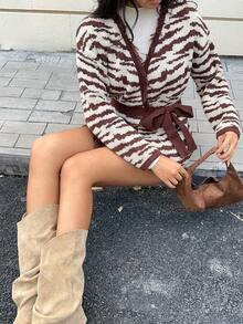 Flirla Cárdigan con cinturón de mujer con estampado de leopardo y cebra, de moda y versátil para otoño/invierno - Marrón - Ver 3