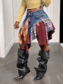BamGleam Asymmetrical Patchwork Denim Skirt, New Summer Fashion American Style Versatile Sexy Mini A-Line Low Waist Skirt - Medium Wash - View 4