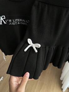 SHEIN Playful Pals 女童蝴蝶结毛衣和裙子套装，秋冬 - 黑色 - 查看 4