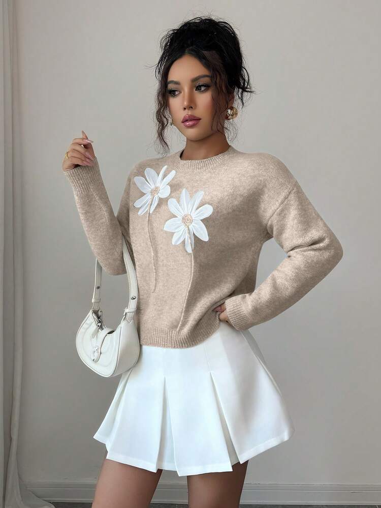 Elenzga Suéter holgado y casual de cuello redondo de unicolor con decoración floral 3D para mujer - Camel - Añade 5