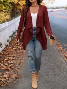 SHEIN LUNE Große Größen Winter Mode Unregelmäßiger Kragen Design Lange Strick Strickjacke für Ausgehen und Arbeit