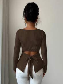 Selianne Casual Ribbed Crew Neck Long Sleeve Backless Bow Tie Blouse - Brown - View 2