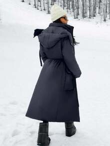 SHEIN Women's Puffer Hooded Versatile Padded Coat, Winter Women Clothes, Padded Coat Women, Casual Long Padded Coat - Navy Blue - View 2