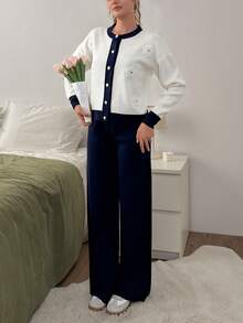 EURMUSE Women Flower Embroidery Cardigan And Pant Knit Set - Navy Blue - View 6