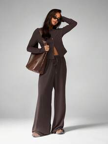 MISSGUIDED Soft Touch Two Piece Coordinated Set Long Sleeve Button Up Cardigan Wide Leg Pants Lounge Outfit - Coffee Brown - View 1