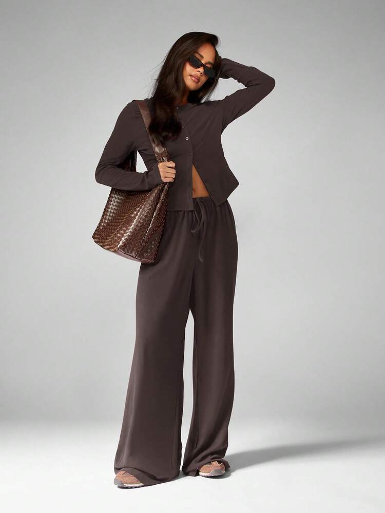 MISSGUIDED Soft Touch Two Piece Coordinated Set Long Sleeve Button Up Cardigan Wide Leg Pants Lounge Outfit