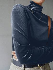 FRIFUL 1 件女式天鹅绒高领修身纯色黑色长袖 T 恤，优雅通勤装，秋季女装 - 藏蓝色 - 查看 5