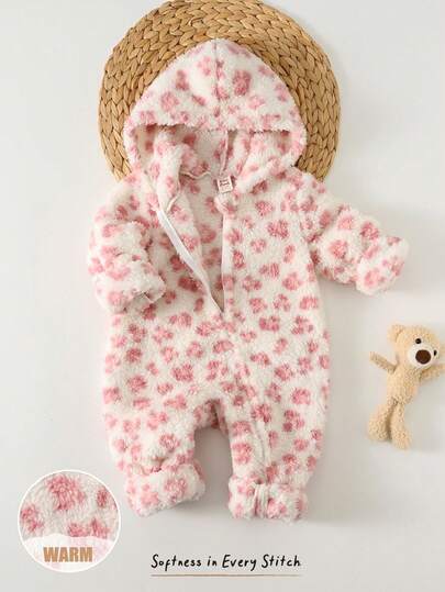 Cozy Pixies Baby Girl Floral Print Thermal Lined Crew Neck Long Sleeve Jumpsuit, Thick & Warm For Winter, Pink Leopard Print Baby Girl Winter Jumpsuit Baby Girl Snowsuit Baby Girl Hooded Jumpsuit Baby Fleece Jumpsuit Baby Hooded Footed Snowsuit Baby Set Autumn Winter Season Warm Baby Clothes Baby Flower Outfit