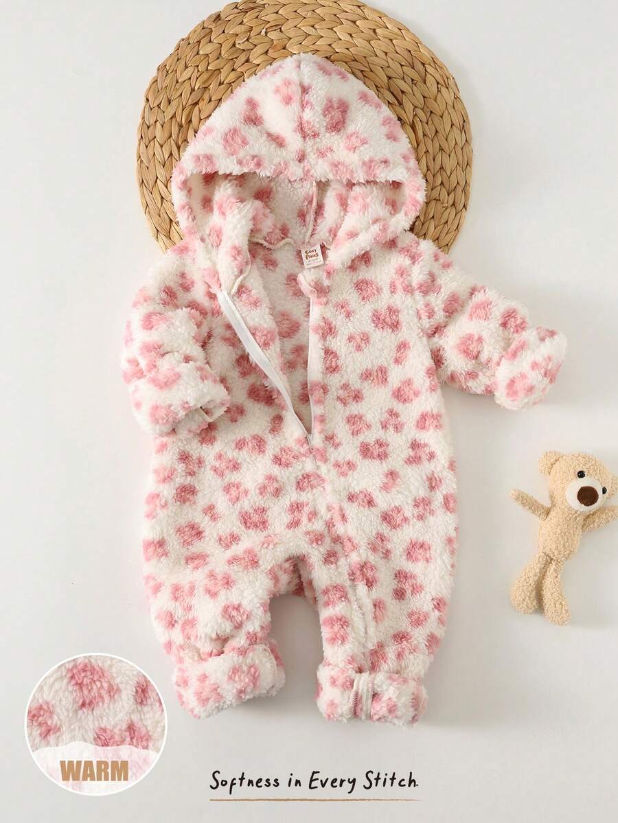 Cozy Pixies 女嬰可愛冬季白色粉色豹紋連帽連身衣,保暖內裡雪地裝,節日穿著,花卉加厚長袖套裝 - 粉色 - 查看 1