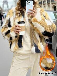 SHEIN Clasi Plus Size Women's Color Block Fluffy Collar Jacket, Minimalist & Fashionable For Commuting