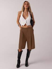 SHEIN Forever 21 Quần short Bermuda màu xám đơn giản dành cho nữ, mùa xuân - Gỗ đỏ - Xem 7