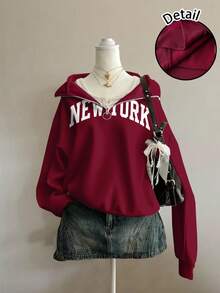Attitoon Áo nỉ cổ cao rộng rãi, tối giản, họa tiết chữ "New York" dành cho nữ, phù hợp cho mùa thu/đông, cổ điển, học sinh, đa năng, gợi cảm, dễ thương, Y2K, cô gái dừa, phong cách Boho, Hippie, lễ hội âm nhạc - Màu đỏ tím - Xem 2