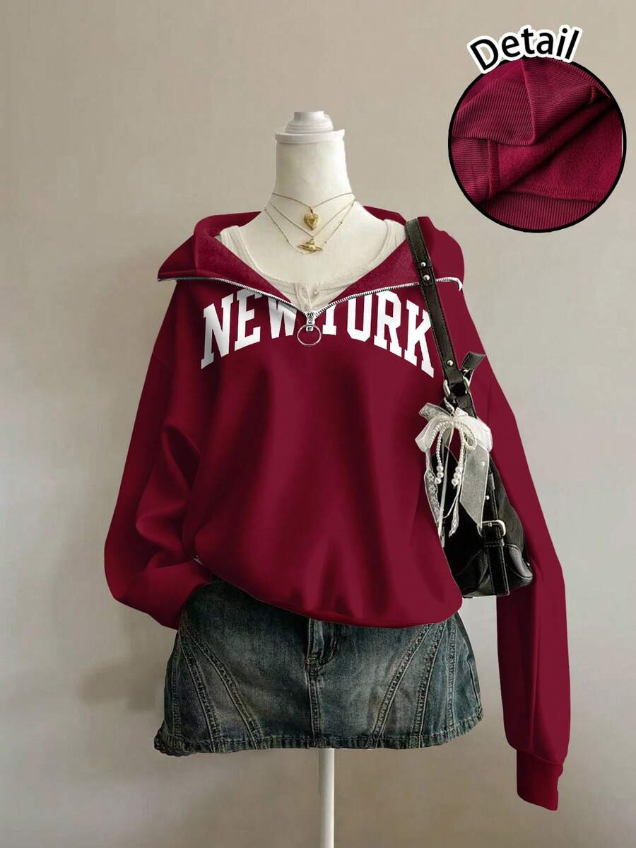 Attitoon Áo nỉ cổ cao rộng rãi, tối giản, họa tiết chữ "New York" dành cho nữ, phù hợp cho mùa thu/đông, cổ điển, học sinh, đa năng, gợi cảm, dễ thương, Y2K, cô gái dừa, phong cách Boho, Hippie, lễ hội âm nhạc