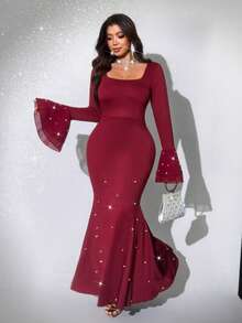 Viva Relle 大码女式优雅复古浪漫纯色圆领长袖连衣裙，适合派对、秋冬季、深红色连衣裙、酒红色连衣裙、勃艮第红连衣裙、惊艳女神连衣裙、红酒色连衣裙、派对圣诞红 - 酒紅色 - 查看 5