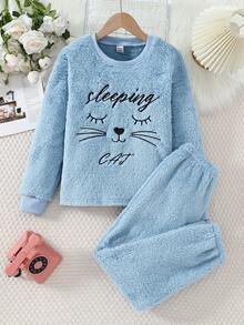 Girls Smoke Blue Minimalist Plush Animal Cat Graphic Embroidered Long Pants & Long Sleeve Comfortable Pajama Set - Dusty Blue - View 7