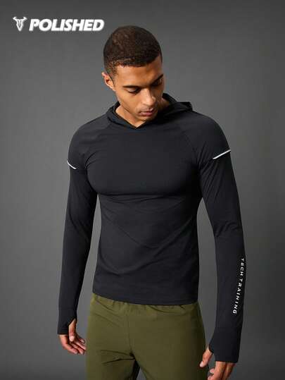 Manfinity Sport Polished Boyfriend Style Men Letter Graphic Raglan Sleeve Hooded Sports Hoodie Boyfriend Style Men Sweatshirt Casual Plain Long Sleeve Reflective Jogger Gym Jacket, Gym Long Sleeve Tops Workout Tops Fall Breathable