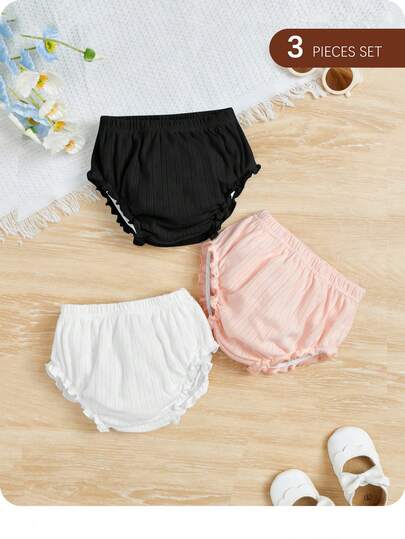 3pcs Baby Girl Knitted Casual Solid Color Triangle Elastic Waist Leggings