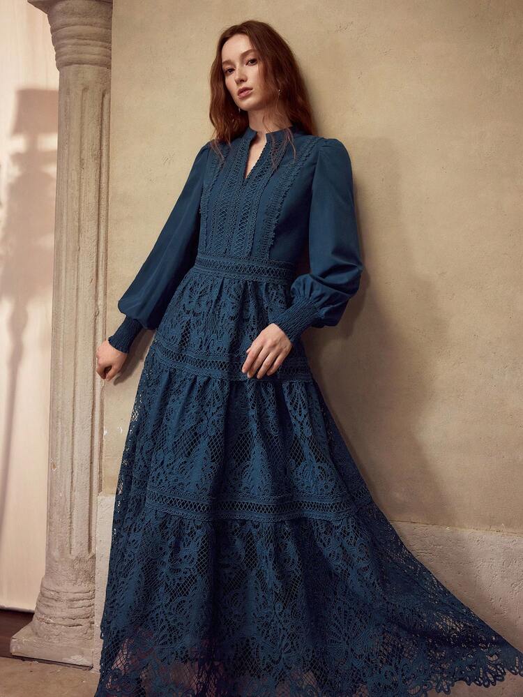 WOMEN'S ELEGANT PEACOCK BLUE LACE PATCHWORK NOTCH NECK WAIST FLARED DRESS