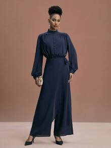 JIAN LASALA Mock Neck Button-Up Elastic Waist Lantern Sleeves Wrap Tie Chiffon Jumpsuit Women Casual Wear Elegant Jumpsuits Navy Blue Jumpsuit Modest Jumpsuit Jumpsuits For Woman Wide Leg Dress Modest Long Sleeve Long Dress Navy Blue Jumpsuit Women Formal Jumpsuit - Navy Blue - View 3