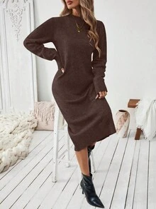 EMERY ROSE Women's Coffee Brown Straight Simple Knit Sweater Dress - Coffee Brown - View 6