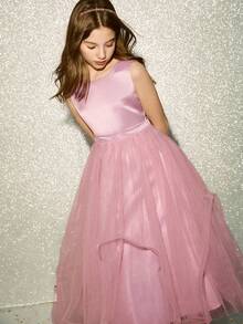 Girls' Elegant Round Neck Sleeveless Pink Maxi Dress With Bow Back Mesh, Suitable For Evening Party, Wedding, Flower Girl, Prom, Birthday, Holiday, Christmas, Halloween, And Other Occasions