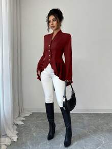 Elenzga Áo khoác nữ dáng rộng cổ chữ V màu đen trơn tay dài raglan thanh lịch, thắt eo, viền bất đối xứng, viền loe, dáng thường - Màu Đỏ Sâu - Xem 6