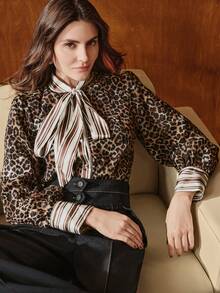 Anewsta Women's Animal Print High Collar Tie Long Sleeve Blouse, Autumn/Winter - Multicolor - View 4