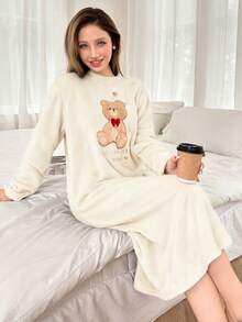可爱小熊刺绣毛绒长袖女式睡衣，蓬松舒适冬季睡裙，哞哞睡衣 - 杏色 - 查看 5
