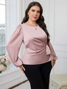 Modelyn Plus Size Elegant Commuter Solid Color Tie Waist Shirt - Pink - View 3