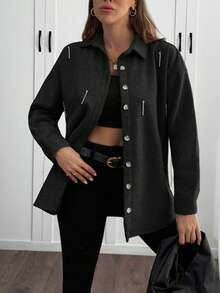 EURMUSE Solid Color , Rhinestone Details, Over Shirt Jacket - Black - View 5