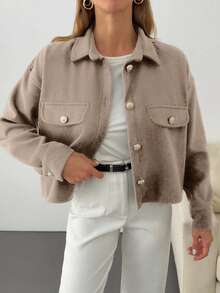 SHEIN Cottnline Solid Color, Gold Button Details, Coat - Beige - View 3