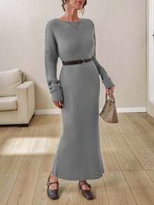 EURMUSE Boat Neck Ribbed Knit Midi Dress – Earthy Brown | Oversized Fit With Textured Stitch - Grey - View 5