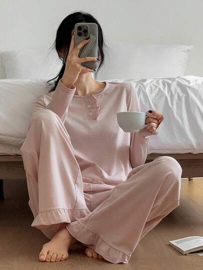 DAZY Sweet Gestreepte Ruffle Women Pajama Set view 4