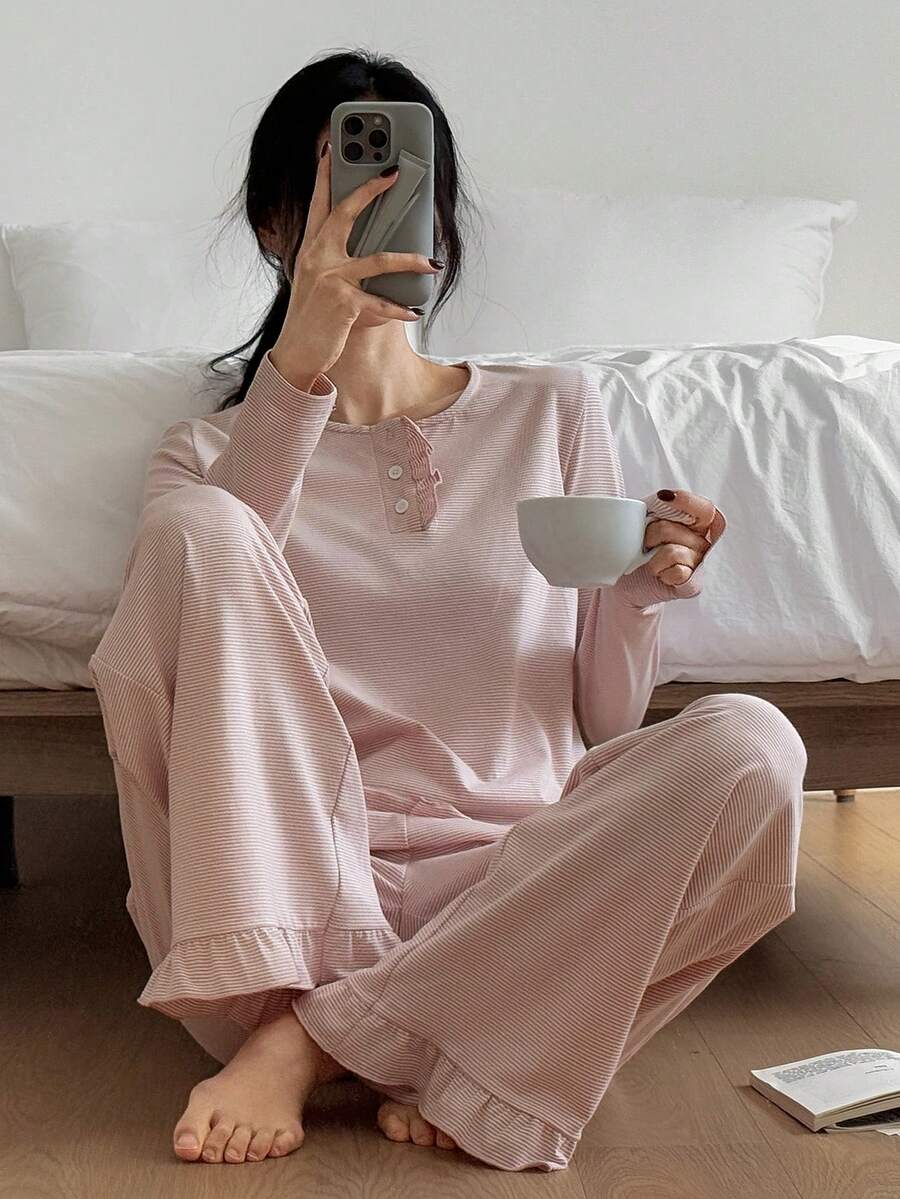 DAZY Conjunto de pijama de mujer con rayas y volantes, ropa de invierno - Rosa - Ver 1