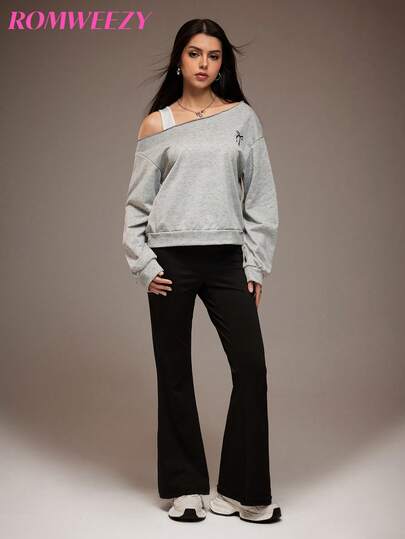 Teen Girls' Grey Off-Shoulder Sweatshirt With Bow Embroidery By ROMWEEZY - Long Sleeve Loose-Fit Top, Elegant Casual Style, Soft Comfortable Fabric, Paired With Black Flared Pants, Ideal For Spring/Fall Daily & Street Wear, Fashionable Outfit For Teen Girls