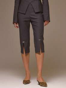 MUSERA Woven Split Hem Trim Detail Capri Cool Girl Streetstyle Cute Fall Autumn Winter Spring - Dark Grey - View 2