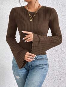 SHEIN Frenchy Lettuce Trim Trumpet Sleeve Ribbed Textured Fabric Special Sleeve Knit Tee,Fall,Fall Clothes For Women Winter Casual Brown Spring - Brown - View 3