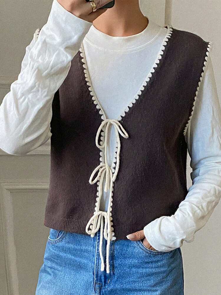 Contrast Color Ruffle Tie Loose V-Neck Sleeveless Casual Knit Sweater Vest For Women, Autumn/Winter