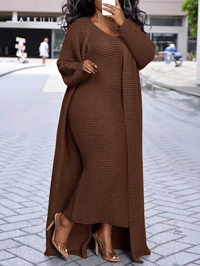 Slaydiva 2025 Nouvelle arrivée Automne/Hiver, Élégant & Habillement d'intérieur & décontracté & Port quotidien, Marron unicolore, Cardigan tricoté ample à manches longues extra longues et robe longue tricotée col V, Ensemble 2 pièces tricoté grande taille pour femmes