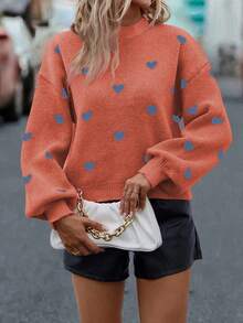 SHEIN LUNE Heart Pattern Knit Sweater, Casual For Autumn/Winter - Orange - View 6