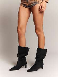 SHUZIA Women's Glamorous Sexy Pointy Toe Kitten Heel Knee-High Boots - Black - View 2