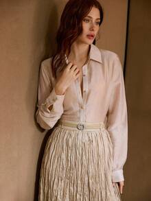 MOTF PREMIUM SEASONAL NEW COQUELICOT FRENCH METALLIC SHIMMER WRAP SHEER BLOUSE TOP - Khaki - View 5
