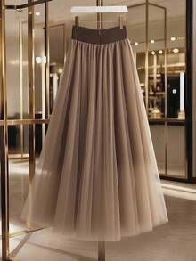 SHEIN PETITE 女士优雅网纱拼接纽扣装饰休闲通勤裙 - 彩色 - 查看 2