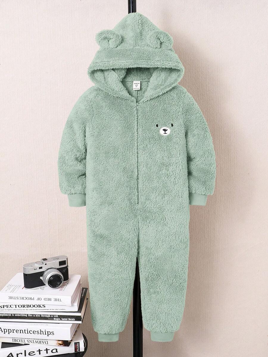 SHEIN 儿童可爱小熊刺绣卡通连帽长袖连体衣，休闲连体裤，适合上学、花园、海滩、生日、春季、夏季、秋季、冬季穿着。 - 薄荷綠 - 查看 1