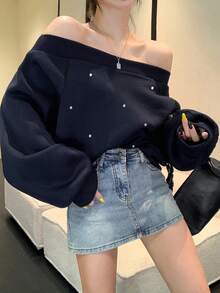 DAZY 女士不对称肩部闪亮水钻卫衣，藏蓝色，带保暖内衬，适合秋季、冬季、新年、圣诞派对穿着 - 藏蓝色 - 查看 8