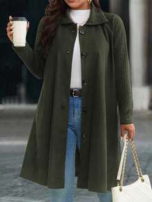 EMERY ROSE Plus Size Casual Solid Color Raglan Sleeve Overcoat, Autumn/Winter - Army Green - View 4