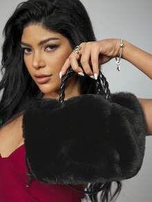 CUCCOO SZL New 2025 Women's Fashion Shoulder Bag, Small Niche Design Crossbody Bag, Casual & Versatile Minimalist Stylish Handbag With Soft Fuzzy Material, Solid Color Design, Snap Closure, Comfortable Long Strap, Roomy Space, Bucket/Cloud-Shaped Design For Autumn/Winter - Black - View 5